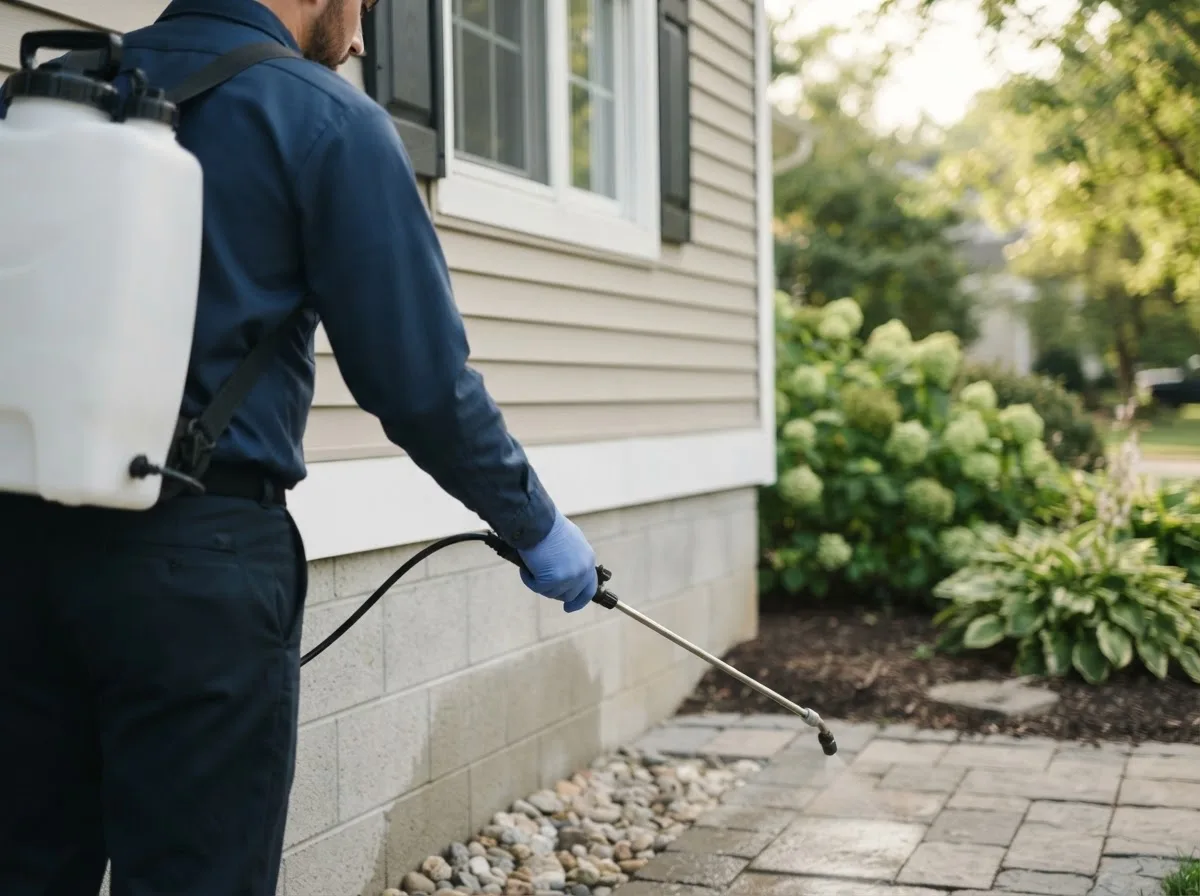 Pest control technician inspecting a home in Gurley, NE